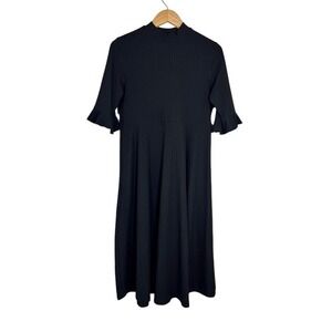 Minimalist Womens Black Mock Neck Ruffle Sleeve Empire Waist Midi Dress XL